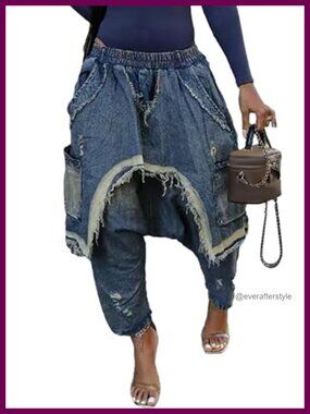 Women Harem Denim Pants High Waist Patchwork Wide Leg Boyfriend Jeans